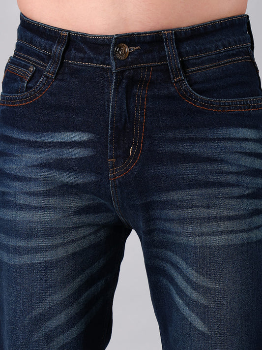 Men's Dark Blue Heavy Washed Straight Leg Jeans