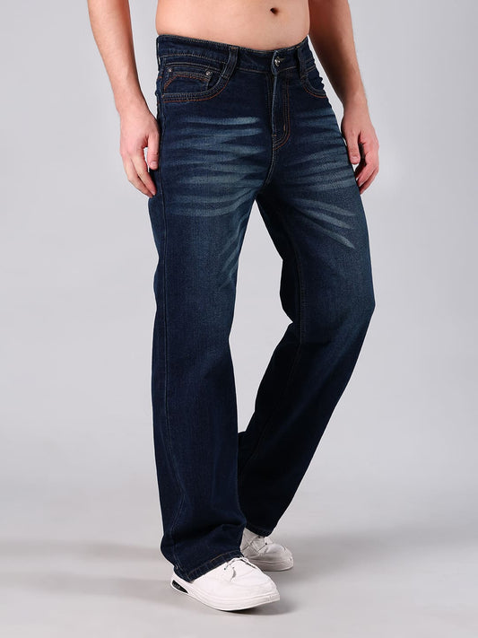 Men's Dark Blue Heavy Washed Straight Leg Jeans