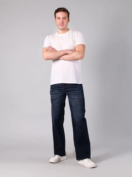 Men's Dark Blue Washed Straight Leg Jeans