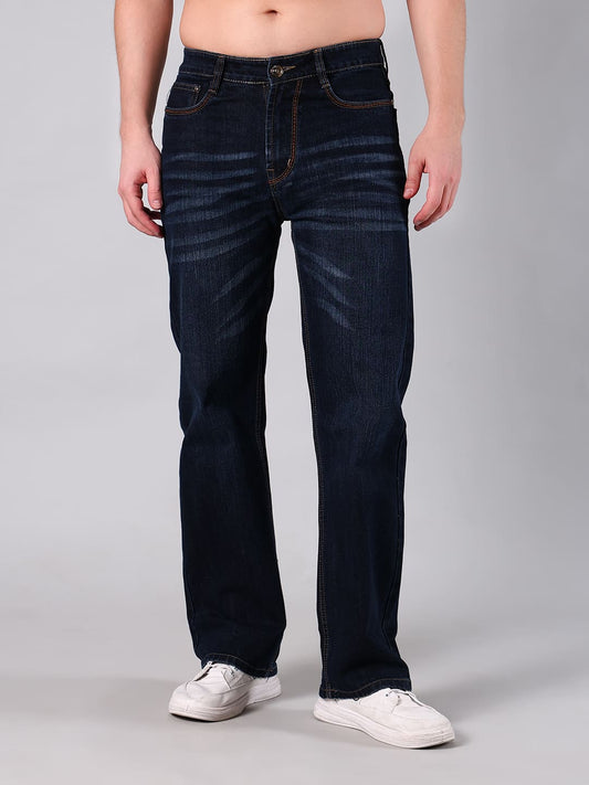 Men's Dark Indigo Heavy Washed Straight Fit Denim Jeans