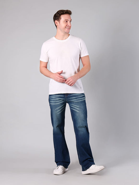 Men's Mid Blue Heavy Washed Straight Leg Jeans