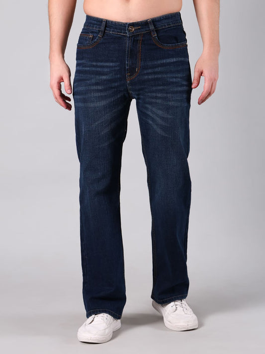 Men's Dark Blue Washed Straight Fit Denim Jeans