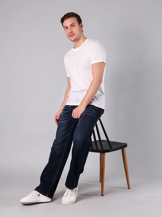 Men’s Straight Fit Dark Indigo Wash Cotton Denim Jeans with Whisker Effect