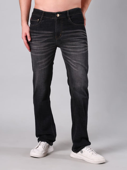 Men Charcoal Black Washed Comfort Fit Semi Slub Denim Jeans