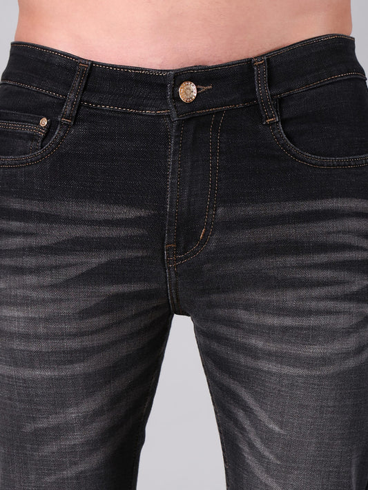 Men Charcoal Black Washed Comfort Fit Semi Slub Denim Jeans