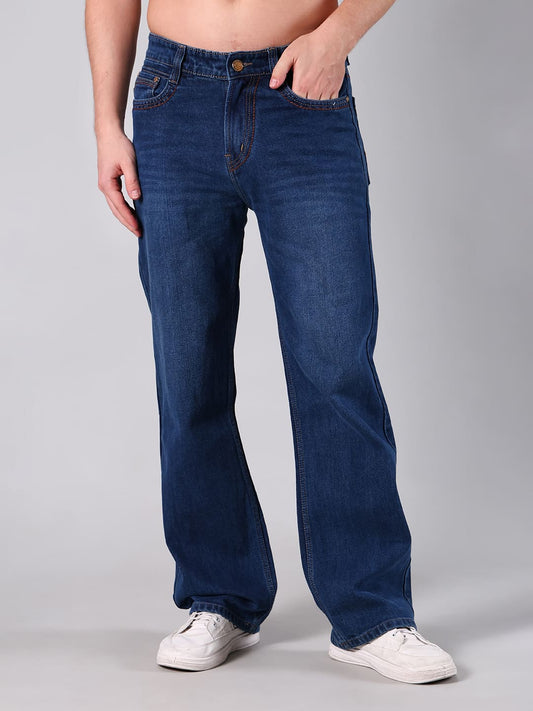 Men's Dark Blue Washed Straight Leg Jeans