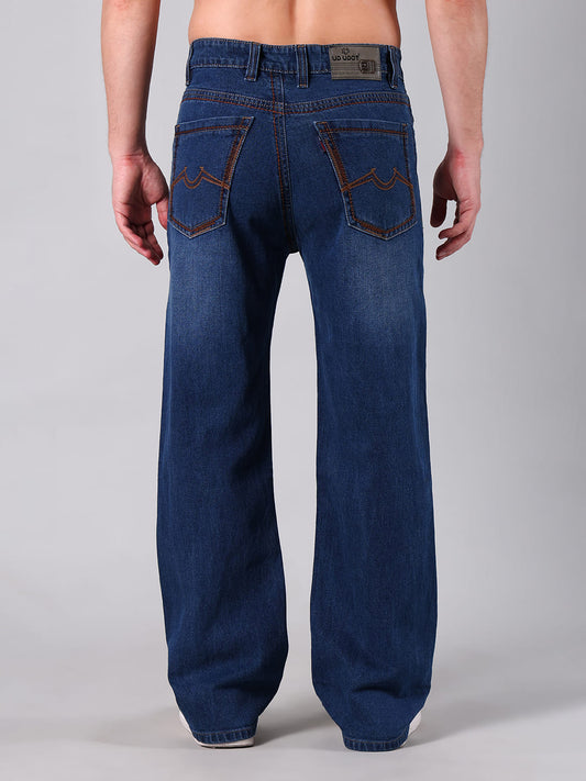Men's Dark Blue Washed Straight Leg Jeans