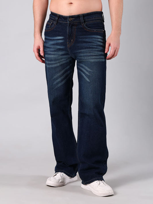 Men's Dark Blue Heavy Washed Straight Leg Jeans
