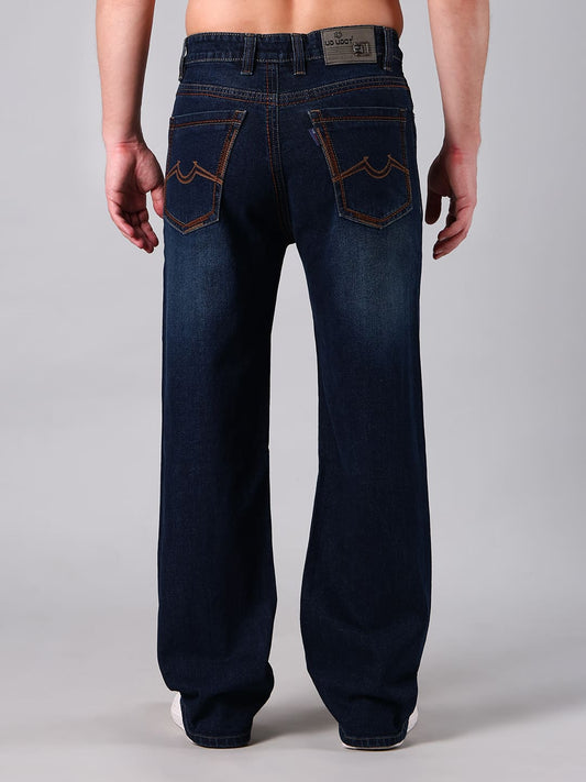 Men's Dark Blue Heavy Washed Straight Leg Jeans