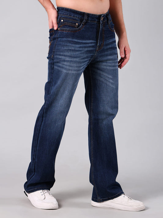 Men's Mid Blue Faded Washed Straight Leg Jeans