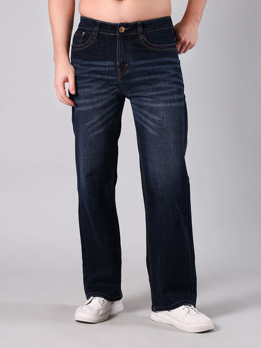 Men's Dark Blue Washed Straight Leg Jeans