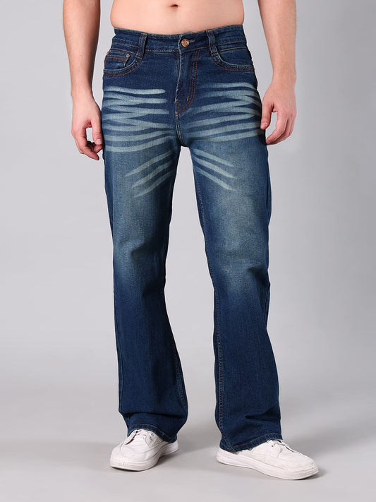 Men's Mid Blue Heavy Washed Straight Leg Jeans