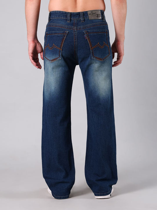 Men's Mid Blue Heavy Washed Straight Leg Jeans