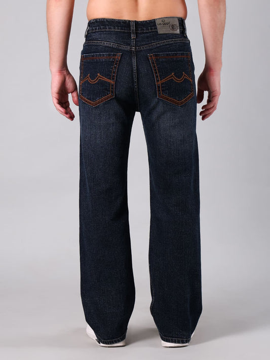Men's Dark Indigo Washed Relaxed Straight Fit Denim Jeans