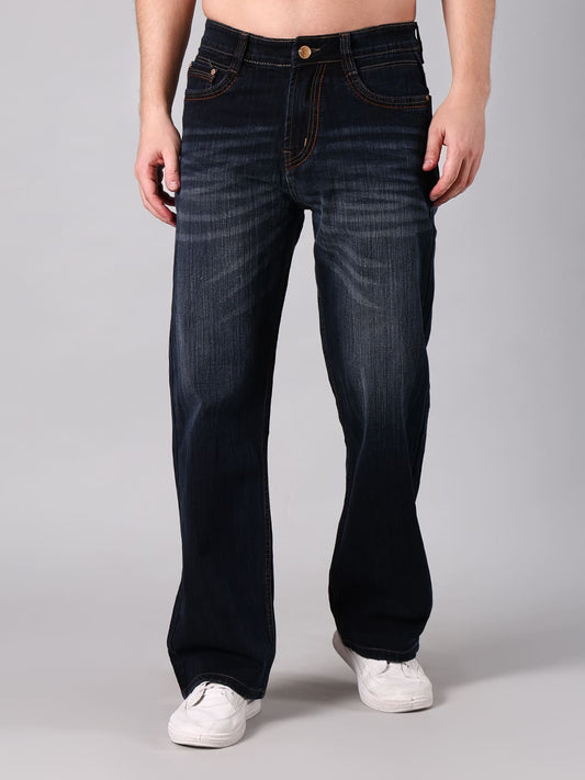 Men's Straight Fit Dark Blue Wash Minor Slub Denim Jeans