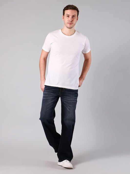 Men's Straight Fit Dark Blue Wash Minor Slub Denim Jeans