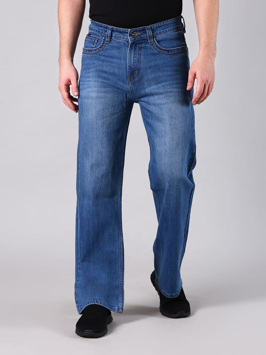 Men's Straight Fit Mid Blue Wash Minor Slub Denim Jeans