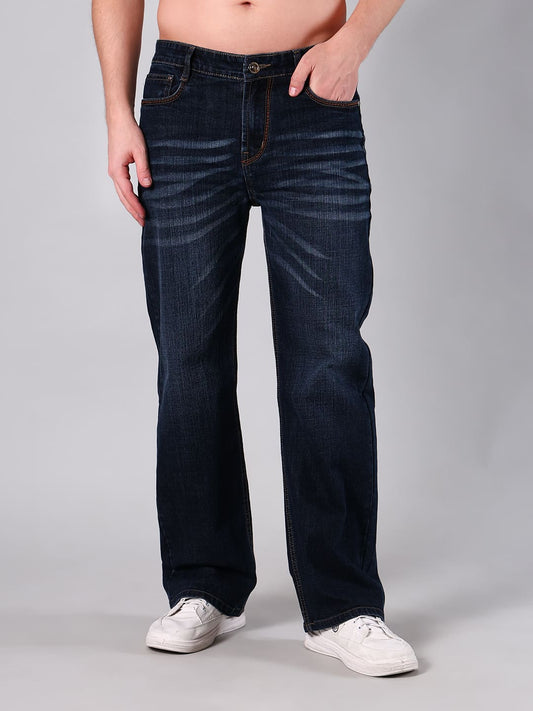 Men’s Straight Fit Dark Indigo Wash Cotton Denim Jeans with Whisker Effect
