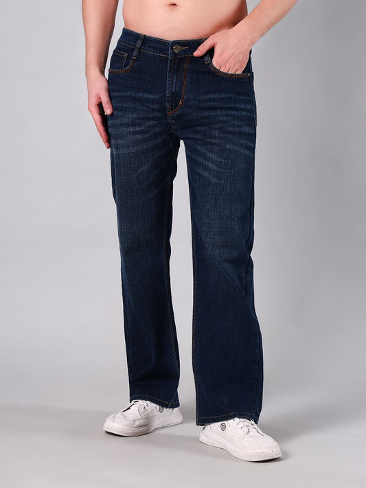 Men’s Straight Fit Dark Indigo Wash Cotton Denim Jeans with Whisker Effect