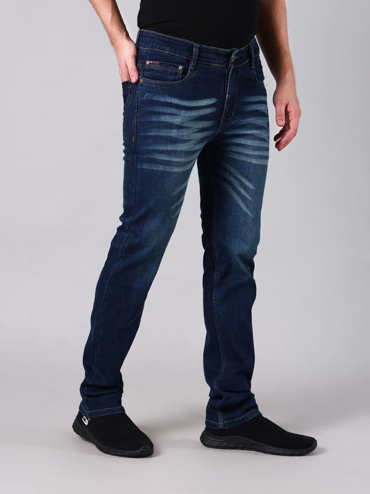 Men Dark Indigo Washed Comfort Fit Minor Slub Cotton Denim Jeans
