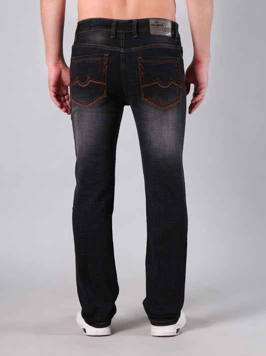 Men Charcoal Black Washed Comfort Fit Semi Slub Denim Jeans