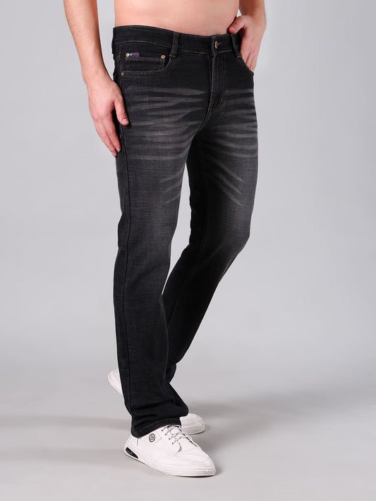 Men Charcoal Black Washed Comfort Fit Semi Slub Denim Jeans